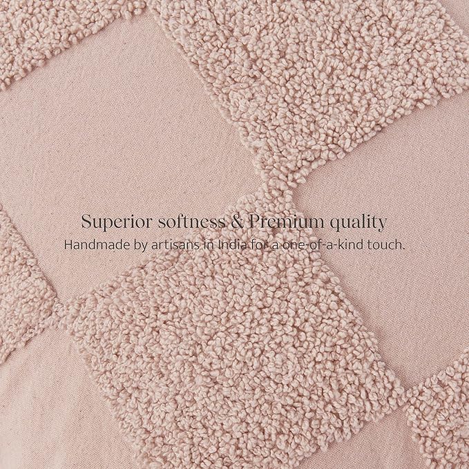 Double Stitch Checkered Throw Pillow Covers - 100% Cotton Tufted Boho Decorative Pillow Covers 20x20, Made in India, Square Cushion Case, Modern Home Decor for Couch, Sofa, Living Room, Pink Whisper