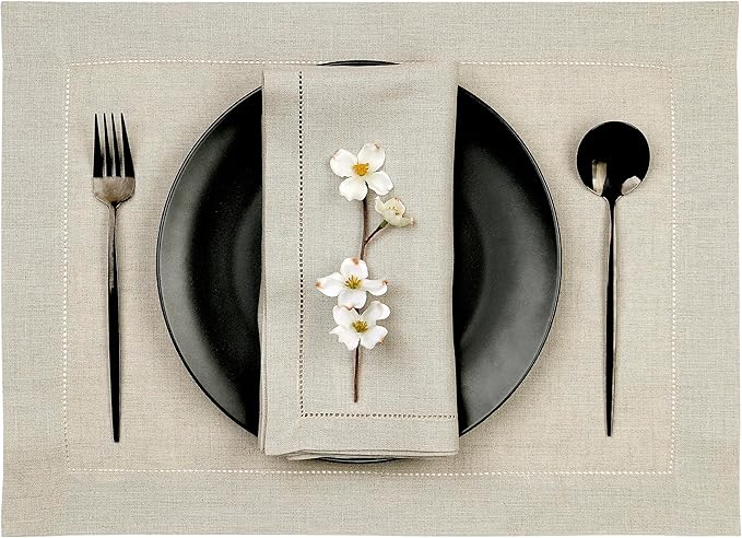 D'Moksha Homes Linen Placemats Set of 4-100% Pure Linen Natural Placemats 14 x 19 Inch - Classic Hemstitch, Washable Natural Placemats for Christmas Decor, Holiday