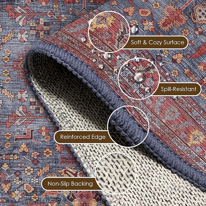 Washable Area Rug 4' x 6' Vintage Traditional Persian Mat - Foldable Distressed Non-Slip Machine Washable Carpet for Living Room Bedroom Kitchen Home Decor - Indigo and Crimson