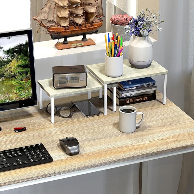 Simple Houseware Wooden Top Expandable Stackable Kitchen Cabinet and Counter Shelf Organizer, Maple