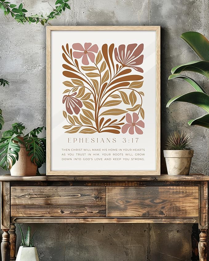 EcoHest Bible Verse Floral Framed Wall Art, 12x16 in OAK Wood Abstract Flowers Canvas Wall Art, Ephesians 3:17 Home Decor, Beige Logs Boho Christ Set of 1 for Bedroom Living Room
