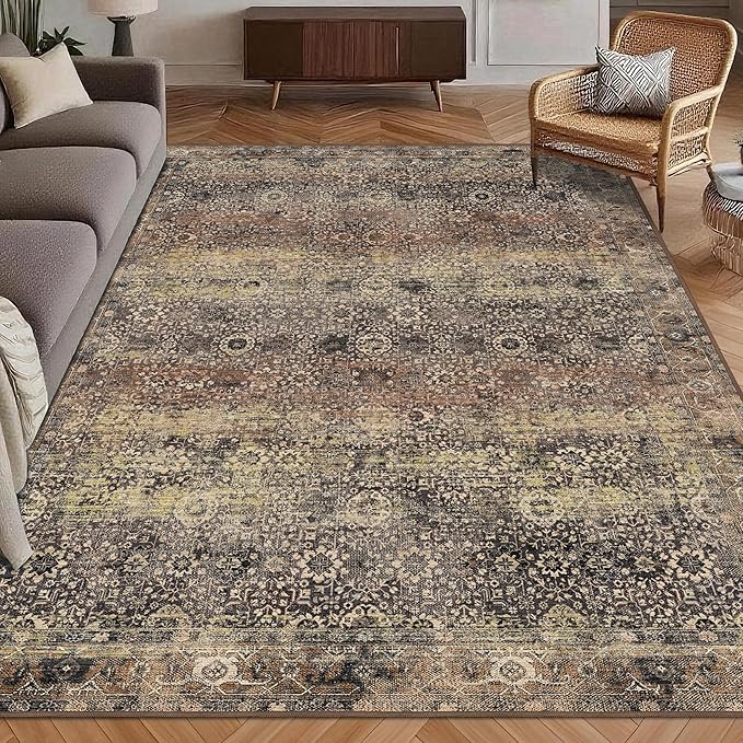 Washable Area Rug 9' x 12' Vintage Traditional Persian Mat - Foldable Distressed Non-Slip Machine Washable Carpet for Living Room Bedroom Kitchen Home Decor - Umber and Slate