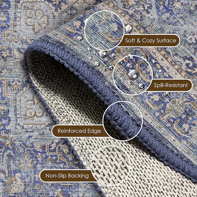 Washable Area Rug 6' x 9' Vintage Traditional Persian Mat - Foldable Distressed Non-Slip Machine Washable Carpet for Living Room Bedroom Kitchen Home Decor - Indigo and Gold