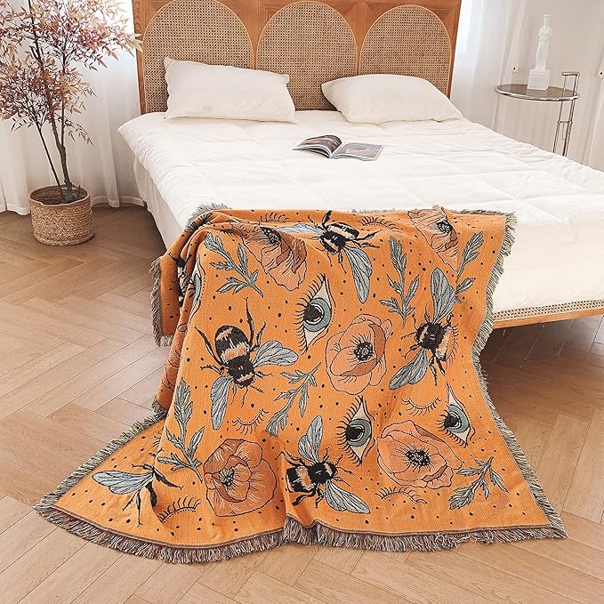 Boho Throw Blanket Reversible Cotton Bohemian Tapestry Hippie Room Decor Double Sided (Boho Bee Yelow 50"x60")