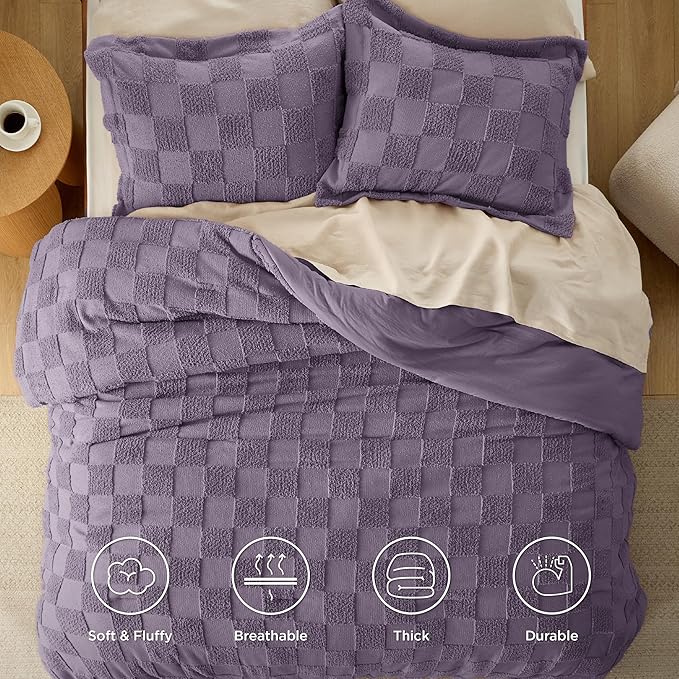 Bedsure Queen Size Comforter Set Grayish Purple, Boho Tufted Bed Set, Checkered Farmhouse Shabby Chic Bedding, 3 Pieces, 1 Plaid Geometric Comforter and 2 Pillow Shams