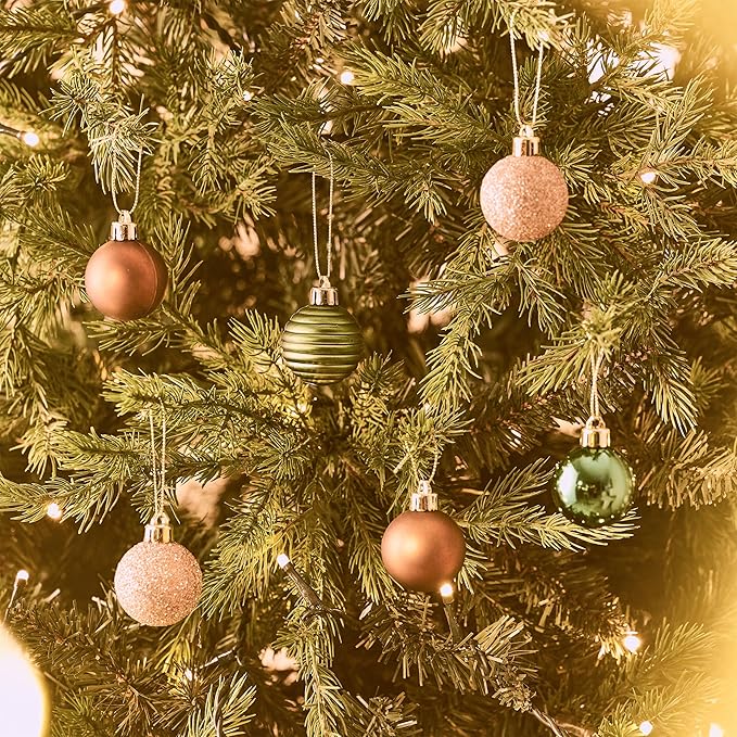 Valery Madelyn 1.57 Inches Small Christmas Tree Decorations Ornament Set for 4th of July Fall Halloween, 24ct Brown Green and Gold Shatterproof Hanging Ball Ornaments Holiday Party Decor