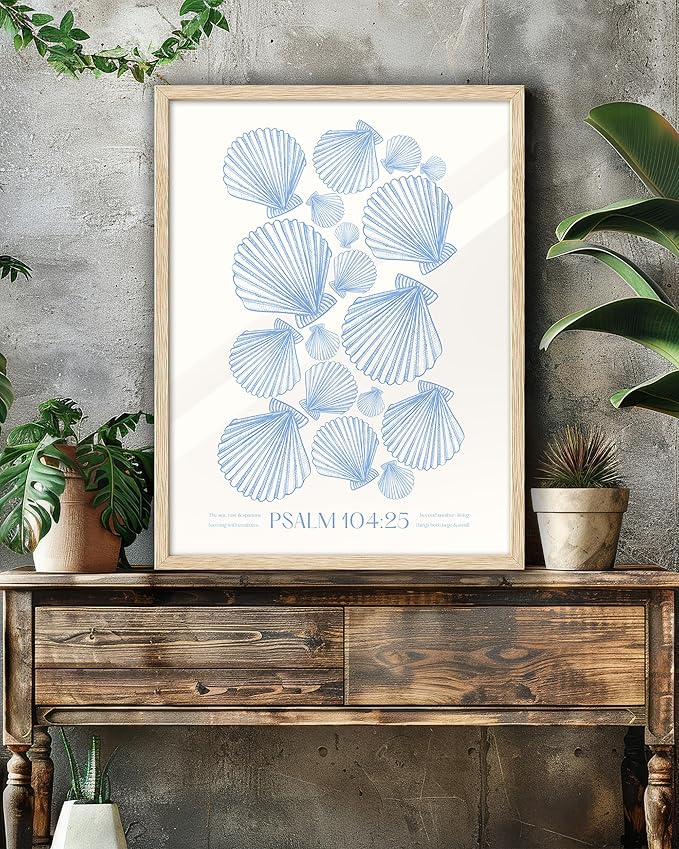 EcoHest Christian Bible Verse Framed Wall Art, 12x16 in OAK Wood Trendy Seashell Nautical Scripture Quote Canvas Wall Art, Psalm 104:25 Home Decor, Beige Logs Set of 1 for Bedroom Living Room