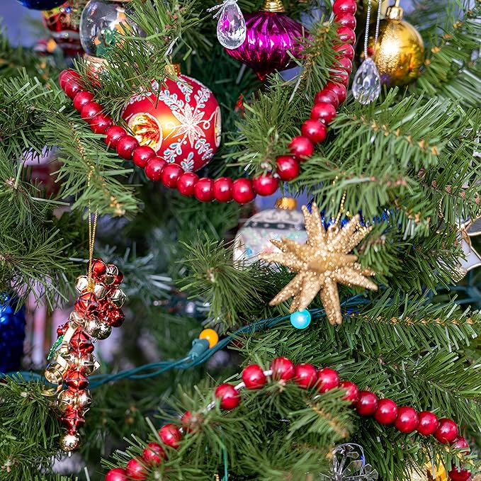 Ornativity Wooden Christmas Garland Decorations - Rustic Wood Beaded Christmas Tree Decorations Garland Bead Strand Xmas Holiday Decor (Cranberry Red) 8'6"