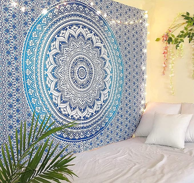 RAJRANG Mandala Tapestry for Bedroom and Living Room Decor Boho Bohemian Wall Hanging Cotton Tapestries (Blue, Ombre, 84x54 Inch, Twin size)