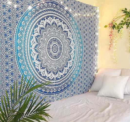 RAJRANG Mandala Tapestry for Bedroom and Living Room Decor Boho Bohemian Wall Hanging Cotton Tapestries (Blue, Ombre, 84x54 Inch, Twin size)