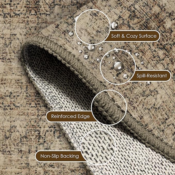 Washable Area Rug 8' x 10' Vintage Traditional Persian Mat - Foldable Distressed Non-Slip Machine Washable Carpet for Living Room Bedroom Kitchen Home Decor - Mocha and Taupe