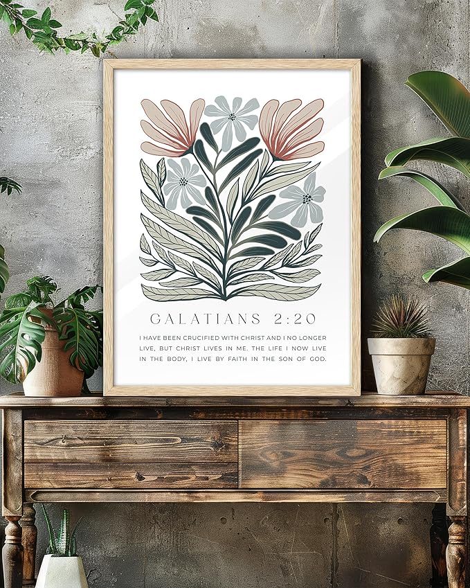 EcoHest Bible Verse Floral Framed Wall Art, 12x16 in OAK Wood Boho Abstract Flowers Canvas Wall Art, Galatians 2:20 Home Decor, Beige Logs Boho Christian Set of 1 for Bedroom Living Room