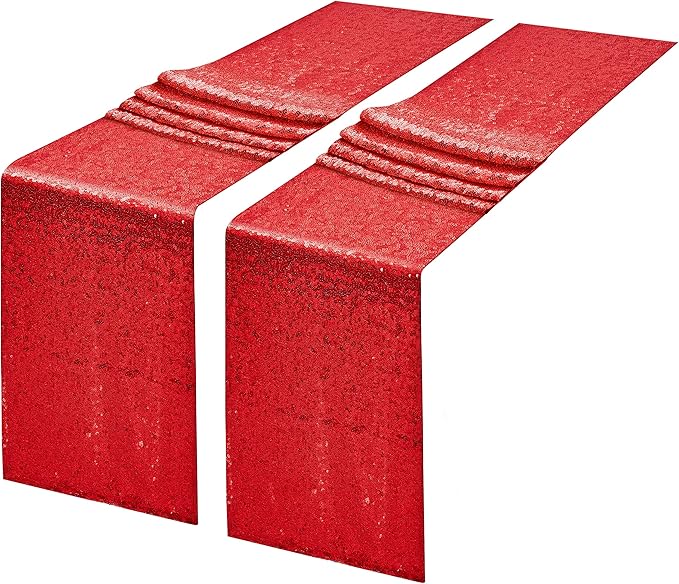 2 Packs 12 x 108 inches Red Sequin Table Runner, Glitter Red Table Runner for Wedding Birthday Bachelorette Holiday Party Supplies Decorations Bridal Shower Baby Shower