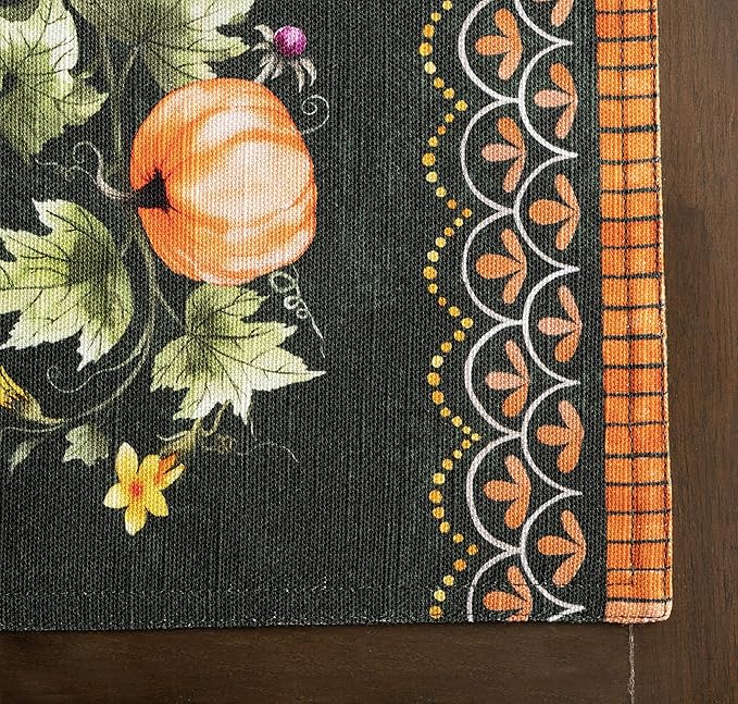 Maison d' Hermine Placemats Set of 4 100% Cotton Washable Cloth Place Mats, Reusable Table Mats for Kitchen Dining Decoration, Party, Wedding, Restaurant (Pumpkin Garden - Dark Green, 13" x 19")