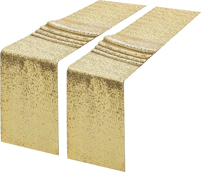 2 Packs 12 x 108 inches Gold Sequin Table Runner, Glitter Gold Table Runner for Wedding Birthday Bachelorette Holiday Party Supplies Decorations Bridal Shower Baby Shower