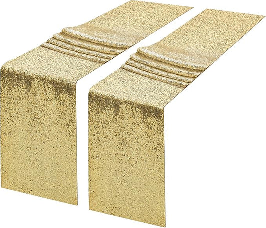 2 Packs 12 x 108 inches Gold Sequin Table Runner, Glitter Gold Table Runner for Wedding Birthday Bachelorette Holiday Party Supplies Decorations Bridal Shower Baby Shower