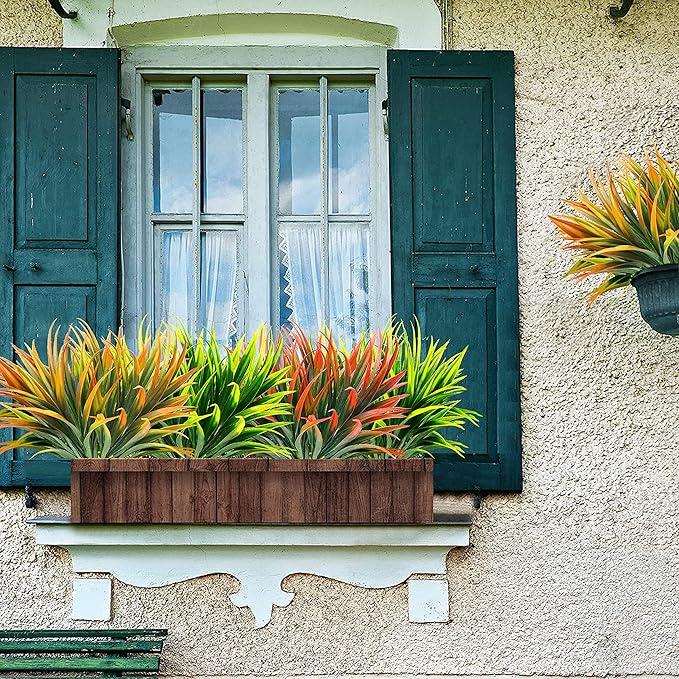 8pcs Artificial Fall Flowers Outdoor Decoration, Fake Fall Plants Outdoor Faux Yellow Grass, UV Resistant Bushes & Shrubs for Autumn Winter Front Porch Pathway Patio Yard (Orange)